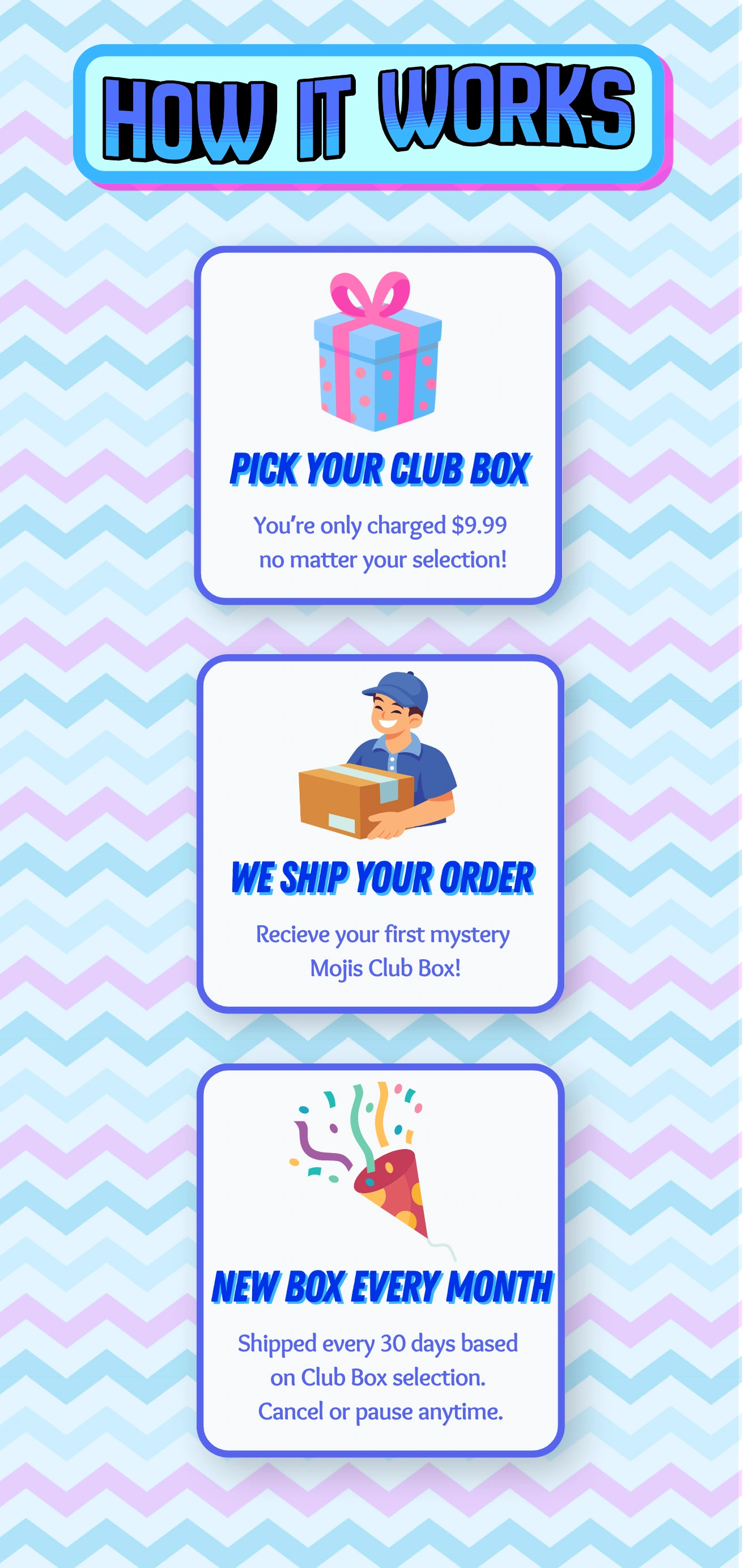 How it works: Pick your Club box and pay $9.99, receive your first mystery Mojis Club box, then get a new box every month based on your selection.