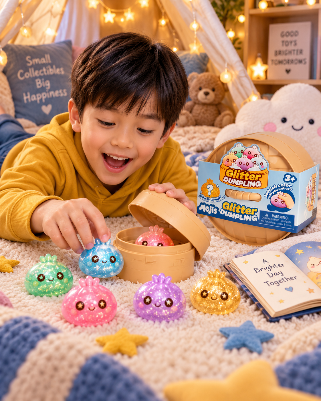 A child opening a Mojis dumpling basket surrounded by colorful squishies.
